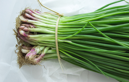Bunch of green onions with chives on white background. Macro.の写真素材