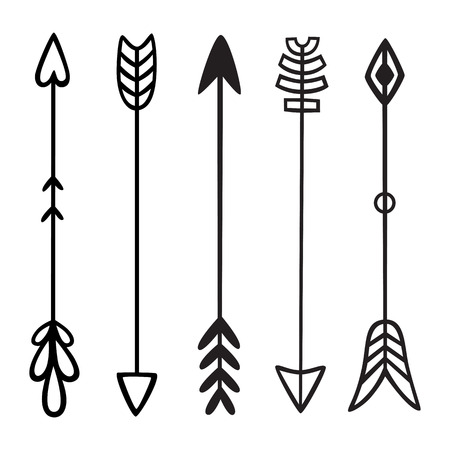 Black hand drawn doodles arrows. Set of hipster ethnic tribal vector elements. For print, poster, greeting cardのイラスト素材