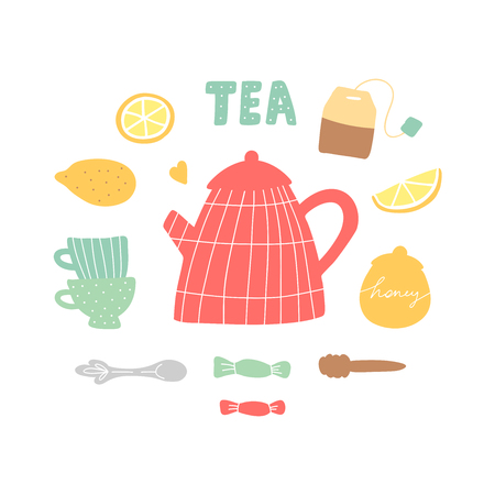 Tea mood hand drawing vector illustration. Kettle, lemon, tea bag, cups, honey, teaspoon and candy isolated on white backgroundのイラスト素材