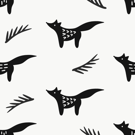 Black fox and fir branches vector seamless pattern in scandinavian style. Hand drawn monochrome illustrationのイラスト素材