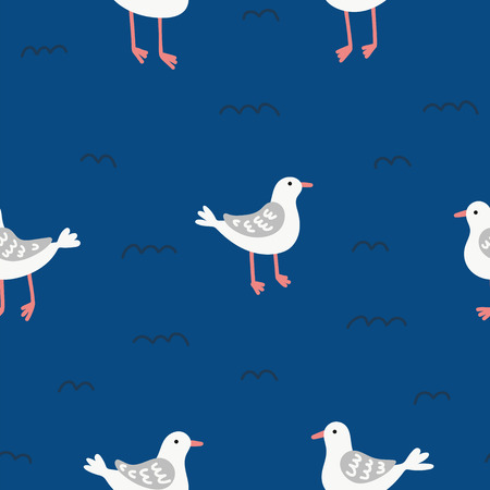 Seagulls and waves seamless vector pattern. Birds hand drawing doodle print on blue backgroundのイラスト素材