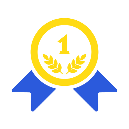 Gold medal vector icon. Golden 1st place badge. Sign award with blue ribbon isolated on white backgroundのイラスト素材