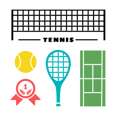 Tennis set elements. Vector illustration of tennis ball, racket, court, win badge, net.のイラスト素材