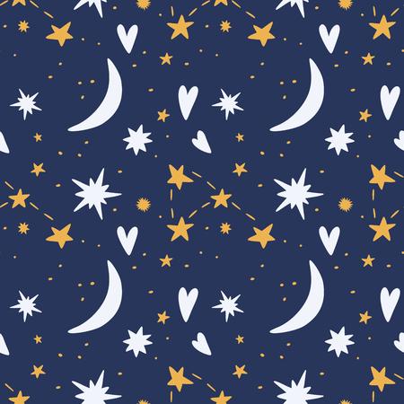 Starry sky with hearts and moon seamless hand drawing pattern. Vector print on dark blue backgroundのイラスト素材