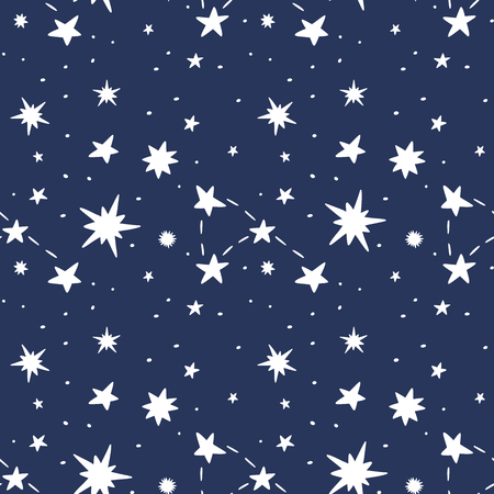 Stars and constellation seamless vector hand drawing pattern on blue background. Doodle print starry skyのイラスト素材
