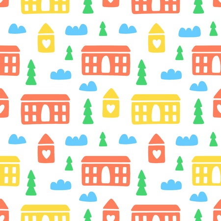 Houses, clouds and trees cute seamless pattern. Print for kids. hand drawn illustrationの写真素材