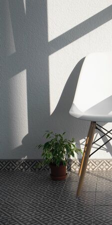 White chair in front of white wall with shadows and pot plant on the tiled floor. Minimal interior...