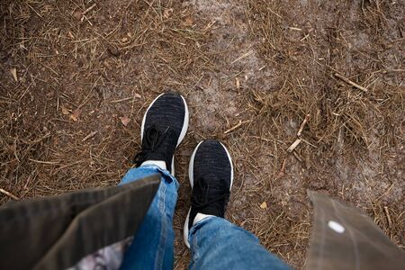 Selfie of sneakers on pine forest land. Concept of legs on ground. Feet shoes walking in nature