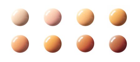 Liquid foundation circle spots color matching horizontal banner format, top view. Collection of BB cream or CC cream shade drops sample isolated on white backgroundの写真素材