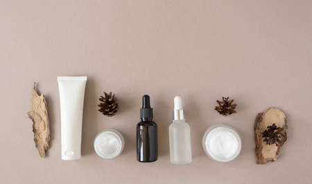 Set for skin and body care beauty products and pine bark and cone on beige background. Mockup beauty treatment container flat lay, above. Plastic tube, glass jars and glass bottles with pipetteの写真素材