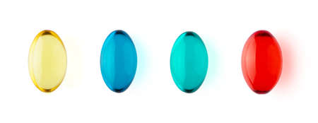 Yellow, blue, green and red transparent capsules isolated on white background horizontal banner...