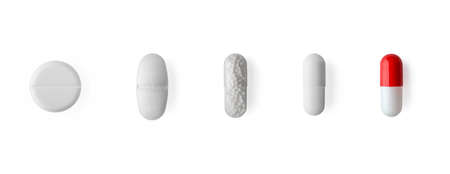 Pill and capsules isolated on white background horizontal banner format. Healthcare and medicine...