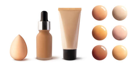Tonal foundation cream glass jar with dropper, tonal CC or BB cream tube, beauty blender and liquid colors drop swatch for makeup mockup 3d vector realistic illustrationの写真素材