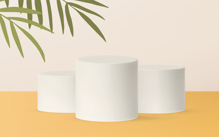 Backdrop with empty pedestals stages tropical palm tree on beige and yellow background. Minimal summer conceptのイラスト素材