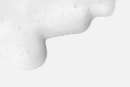 Soap foam with bubbles on white background frame with copy space, horizontal. Shampoo or cleanser texture realistic vector illustrationのイラスト素材