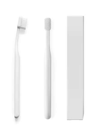 White toothbrush realistic 3d vector illustration isolated top view, side view and packing boxのイラスト素材