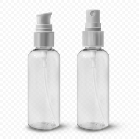 Transparent cosmetic bottles set realistic vector illustration. Containers for sanitizer, mist, thermal water, lotion, cream, beauty productの写真素材
