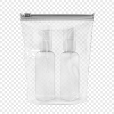 Empty beauty product bottles set in packaging with ziplock 3d realistic illustration isolated. Packaging for travel mock up vectorの写真素材
