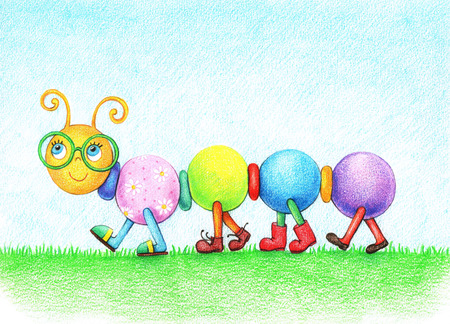 hands drawn picture of cheerful caterpillar in glasses, walking on the grass in the shoes by the pencilsの写真素材