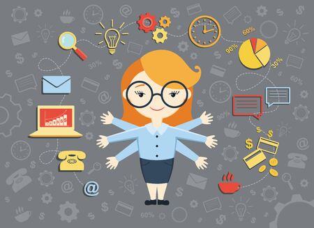 Vector illustration of young business woman, personal assistant or hard working secretary. Busy secretary managing her work with a smile. Business idea concept with icons of office work and ecommerceのイラスト素材