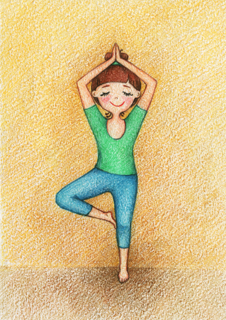 hands drawn picture of girl doing yoga by the pencils.の写真素材