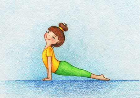 hands drawn picture of girl doing yoga by the pencils.の写真素材