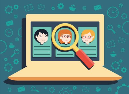 flat design vector illustration concepts for searching employees, selecting best candidates, team building, recruitment, human resources managementのイラスト素材