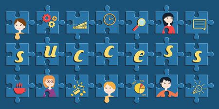 Flat design vector illustration of jigsaw puzzle with portrait of office workers, business icons and text "success"のイラスト素材