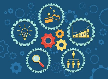 Flat design vector illustration of business management with icons and ecommerce ideas symbolのイラスト素材