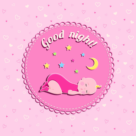 Funny vector card with sleeping baby, moon and stars on pink background with hearts and text "Good night" for girlのイラスト素材