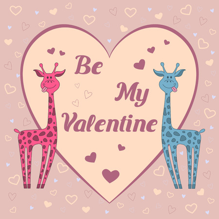 Funny vector card with two giraffes on pink background with hearts and text "Be my Valentine"のイラスト素材