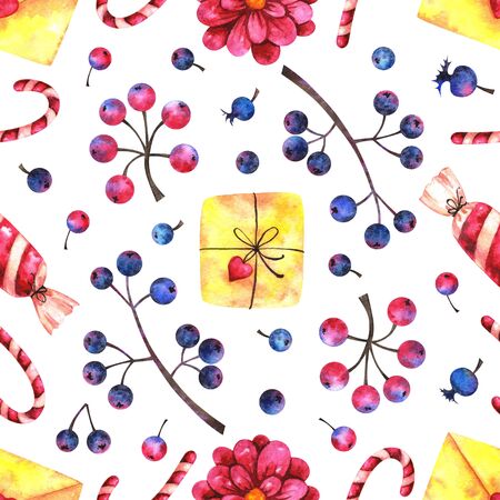 hand drawn watercolor greeting seamless pattern with gifts, candies and floral elements on white background. Can be used in winter holidays design, posters, invitations, cardsの写真素材