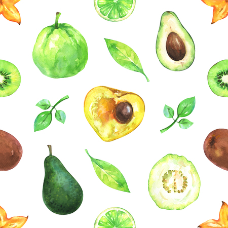 Hand painted seamless exotic pattern with watercolor carambola, avocado, lime, kiwi, canistel, guava and green leafs isolated on white backgroundの写真素材