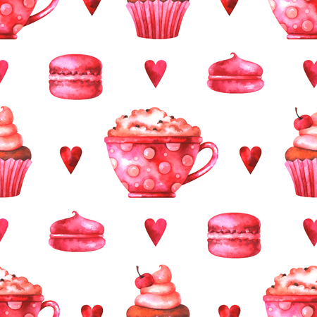 Hand painted abstract pattern with a watercolor cup with coffee, cake, macaroons, marshmallows and hearts isolated on white backgroundの写真素材