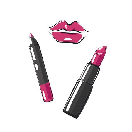 fashion vector illustration of lips, lipstick and lip pencil isolated on white backgroundのイラスト素材