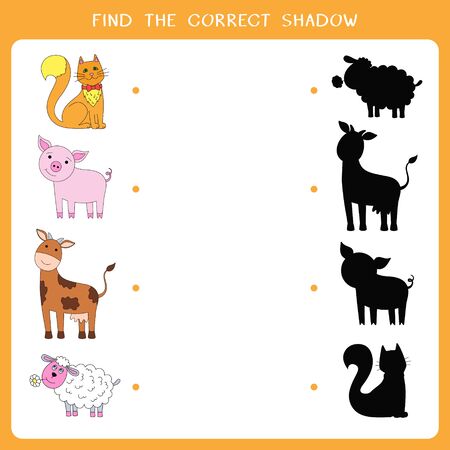 Find the correct shadow for domestic animals. Vector worksheet of simple educational game for kidsのイラスト素材