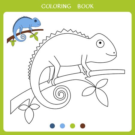 Vector illustration of chameleon sitting on the branch for coloring bookのイラスト素材