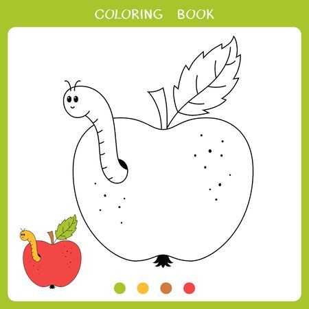 Vector illustration of apple with funny worm for coloring bookのイラスト素材
