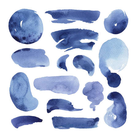 Hand painted blue watercolor objects isolated on white background. Creative collection of abstract stain, stroke, line and circle for your designの写真素材