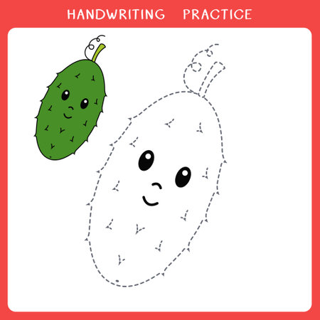 Handwriting practice sheet. Simple educational game for kids. Vector illustration of cute cucumber for coloring bookのイラスト素材