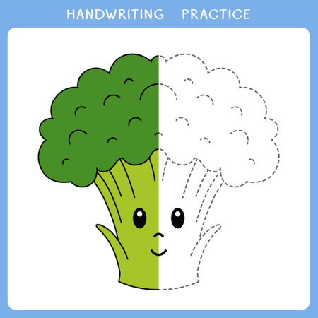 Handwriting practice sheet. Simple educational game for kids. Vector illustration of cute broccoli for coloring bookのイラスト素材