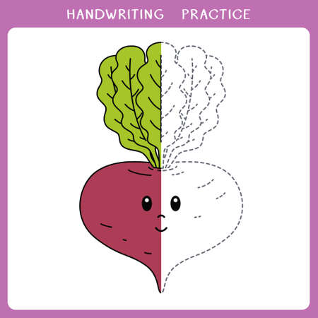 Handwriting practice sheet. Simple educational game for kids. Vector illustration of cute beet for coloring bookのイラスト素材