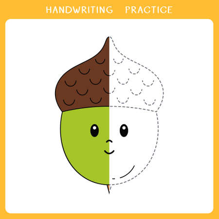 Handwriting practice sheet. Simple educational game for kids. Vector illustration of cute acorn for coloring bookのイラスト素材