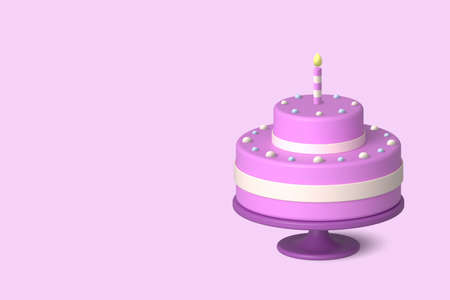Cute cake with purple icing and candle on pink background with space for your text. Birthday and...