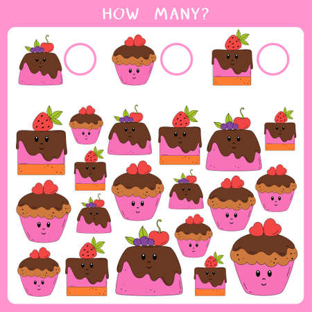 Educational math game for kids. Count how many cupcakes and write the result. vector worksheetのイラスト素材