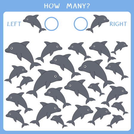 Simple educational game for kids. Count how many dolphins swim left and right and write the result. vector worksheetのイラスト素材