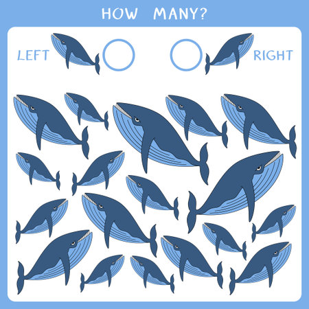Simple educational game for kids. Count how many whales swim left and right and write the result. vector worksheetのイラスト素材