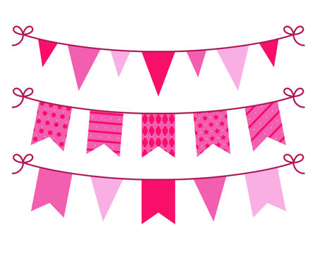 Vector flags set in pink colors on white background. Holiday, birthday, party, carnival and circus decor elementsのイラスト素材