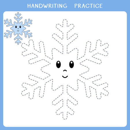 Handwriting practice sheet. Simple educational game for kids. Vector illustration of cute snowflake for coloring bookのイラスト素材