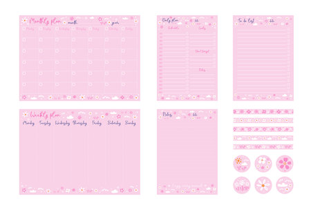Set of sheet for life and business planner. Vector monthly, weekly, daily planner, notes pages and stickers for girls and womenのイラスト素材